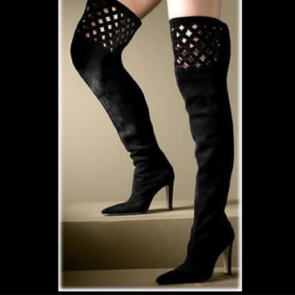 Manolo Blahnik Black Suede Over-the-Knee Stiletto Boots with Lattice Cuff